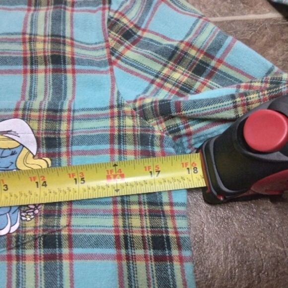 WHOLE HAUSS | VINTAGE SMURF GRAPHIC PRINT FLANNEL PLAID BUTTON DOWN IN TEAL - Picture 15 of 16